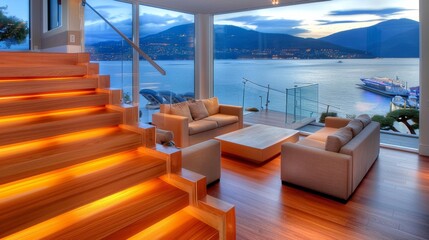  Statement staircase in an ultra-modern house, with floating treads - obrazy, fototapety, plakaty