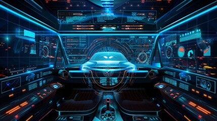 Auto Hologram in HUD UI style. Car auto service, scanning and auto data analysis. Modern Design, Diagnostic Auto. Viral Graphical Interface. - obrazy, fototapety, plakaty