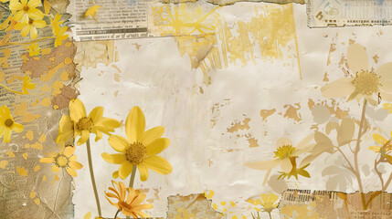 Collage with scraps of newspapers, pages, old paper and flowers

