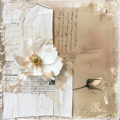 Collage with scraps of newspapers, pages, old paper and flowers
