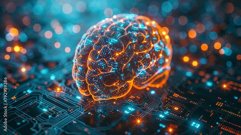 Leinwandbilder The concept of machine learning or deep learning depicted as a graphic of an artificial intelligence brain with a data network