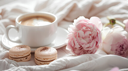 coffee, peonies and macaroons on white bed linen. Breakfast in bed