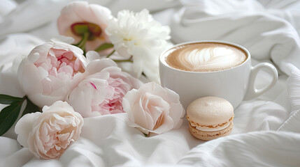 Obraz na płótnie Canvas coffee, peonies and macaroons on white bed linen. Breakfast in bed