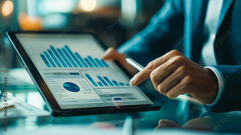 Fototapete a man is using a tablet to look at graphs and charts. he is pointing at a specific area on the scree
