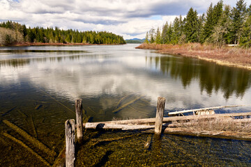 View of a beautiful lake on an overcast day with the pilings remains of an old historic logging...