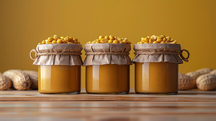 A food packaging mockup set of brown peanut butter jars in order with brown paper lid on wooden table with raw nuts around 