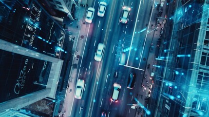Autonomous Self-Driving Cars Moving Through City. Concept: Artificial Intelligence Scans Cars and Pedestrians, Following Movement and Displaying Data.