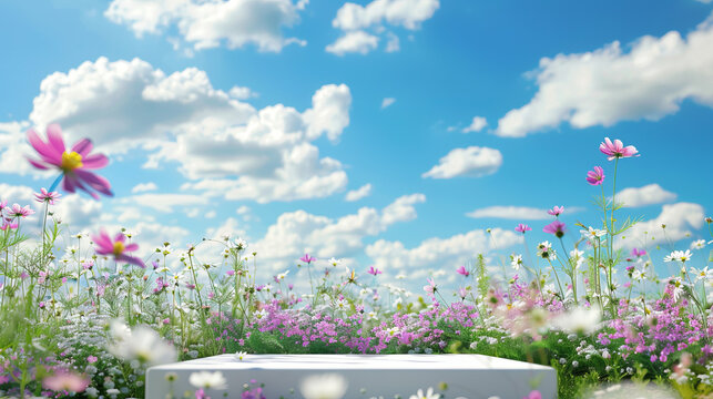A beautiful field of flowers with a white table in the foreground. The flowers are pink and white, and the sky is blue with some clouds