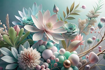 Illustration of flowers and plants in pastel colors. Generative AI