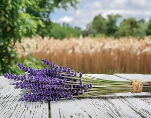 Close-up of lavender flowers on a wooden table. Blurred background of a wheat field.
