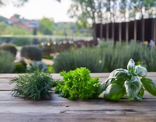 Parley, basil, rosematy on a wooden table. Blurred vegetable table at the background.