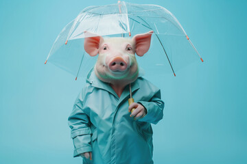 Cheerful anthropomorphic pig with umbrella celebrating rainy day - 792960084