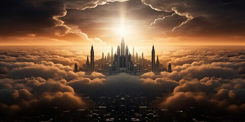 The expansive sky frames the towering structures of the city, emphasizing their impressive height and grandeur.