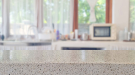 beige glossy terrazzo stone table top on blur cafe minimal kitchen counter at background in bright white color mood and tone for montage product display or design key visual layout. empty table space.
