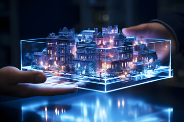 Holographic of digital hand is raising box model of presenting construction development project city building architecture in hand on blur, green base background. Future modern interior for business.	