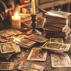 Naklejka na ściany i meble vintage vintage style deck of tarot cards. magical predictions of the future, mysterious characters. AI generated