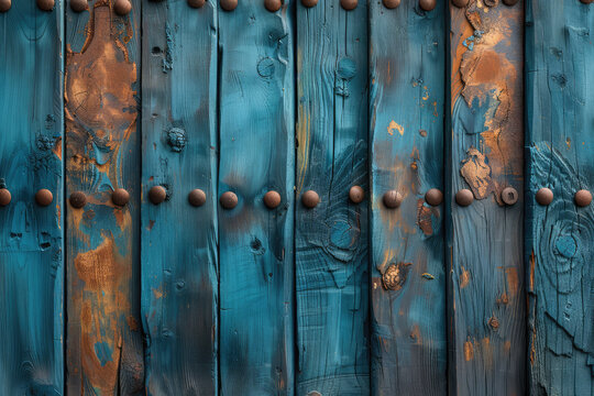 Blue wood with rusted metal elements, a wooden background with blue hues. Created with Ai