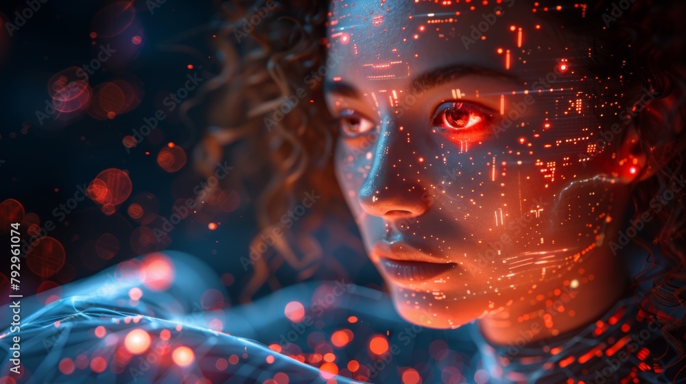 Poster Low-poly character design of a digital technology user with futuristic elements