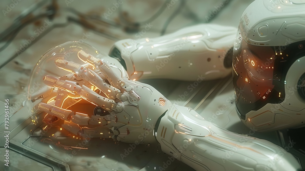 Fototapete An artificial intelligence technology concept with a graphic of a robotic hand using a futuristic interface.