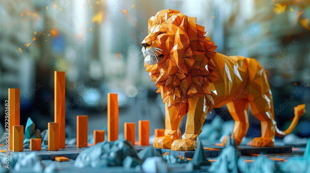 Aufkleber Graph depicting a low poly lion climbing on top of a bar graph as an example of entrepreneur leadership