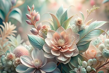Fototapeta na wymiar Illustration of flowers and plants in pastel colors. Generative AI