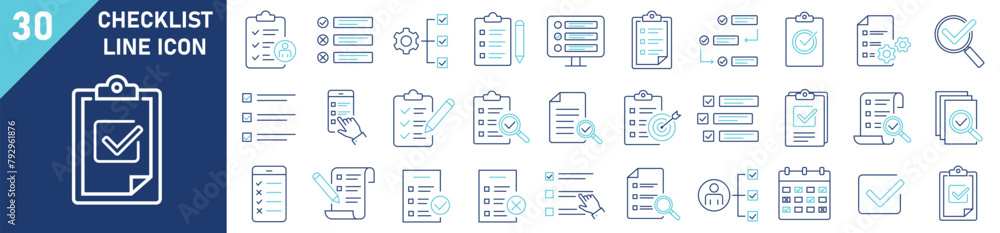 Poster checklist icon set. set of 30 outline icons related to checklist. linear icon collection. checklist 