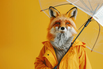 Fox fashionista dressed in bright yellow coat standing under opened umbrella, studio shot - 792961801