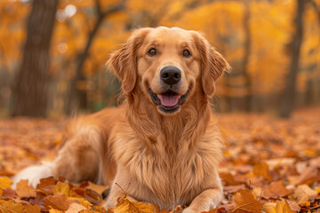A happy Golden Retriever dog sitting on the ground in an autumn forest, with golden leaves around him. Created with Ai
