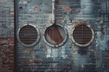 the industrial aesthetic of air vents against the backdrop of a meticulously laid brick wall, offering a glimpse into the building's inner workings.