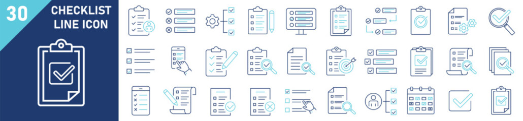 Checklist icon set. Set of 30 outline icons related to checklist. Linear icon collection. Checklist outline icons collection. Editable stroke. Vector illustration.