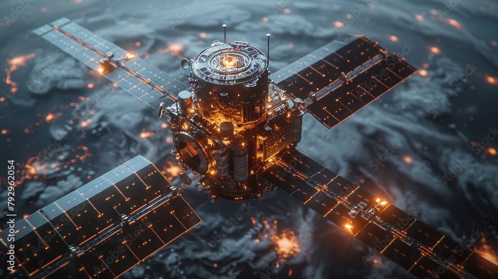 Poster graphic of futuristic satellite with a terrain world map globe as background, illustrating communica