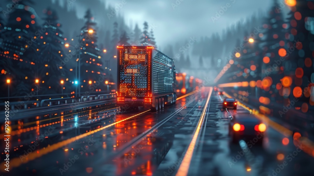 Poster an illustration of a smart logistics concept, showing that transportation vehicles are tracked with 