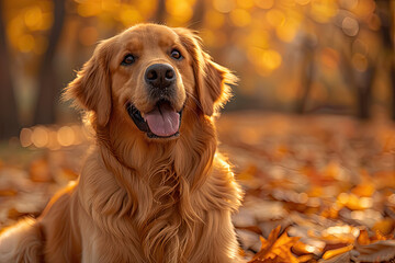 A happy Golden Retriever dog sitting on the ground in an autumn forest, with leaves covering its fur. Created with Ai