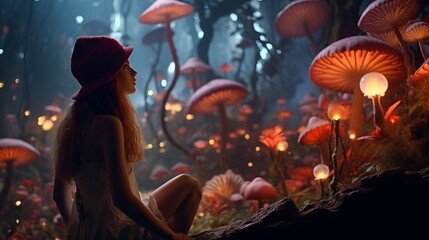 Woman having a fantasy experience on on psychedelic mushrooms in forest.