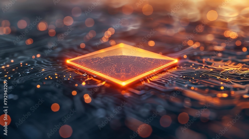 Poster The concept of non-fungible token technology or NFT, a microchip design with a blockchain and crypto art element