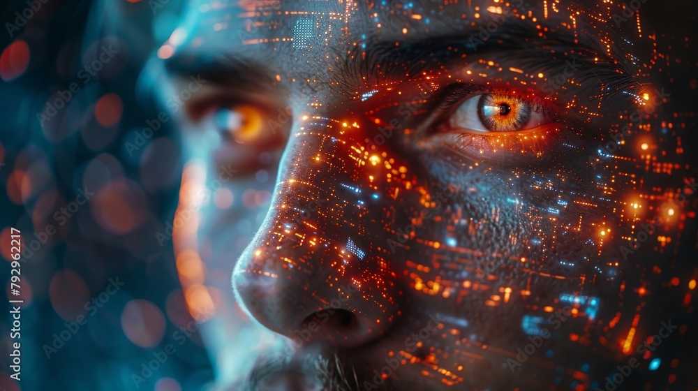 Aufkleber Conceptual illustration of biometrics or face recognition technology, with a fingerprint combined with a man's face in a futuristic style