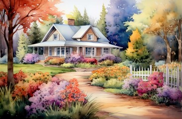 Whimsical Watercolor Country Home with Enchanted Flower Garden Illustration
