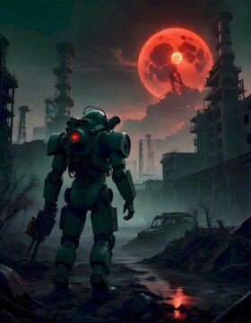 Futuristic robot standing in a desolate, apocalyptic cityscape, illuminated by red moon, dystopian atmosphere, perfect for science fiction themes, generated with AI.