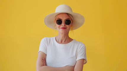 Pretty mature caucasian woman with sunglasses and straw hat ready for summer vacation, isolated in a plain yellow background
