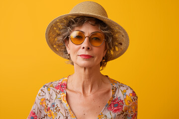 Summer fun. Mature caucasian woman with sunglasses and straw hat ready for summer vacation, isolated in a plain yellow background