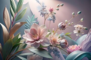 Illustration of flowers and plants in pastel colors. Generative AI