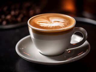 White cappuccino cup on a neutral background with a whipped milk pattern.