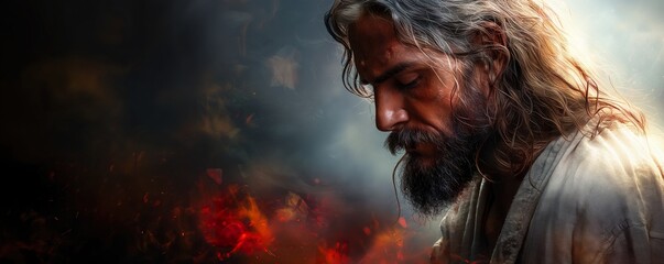 Jesus Christ in meditation, with a backdrop of fiery elements, conveying a powerful message of faith and resilience