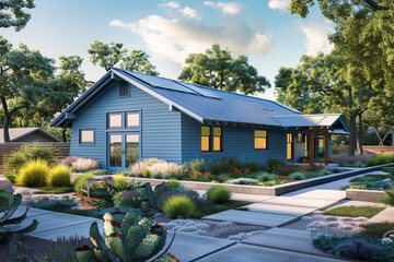 Peek-around view of an electric blue craftsman cottage with a twenty-pitched roof, edged by a modern xeriscape garden and a sleek, angular pathway, illustrating a low-maintenance, high-style concept. - obrazy, fototapety, plakaty
