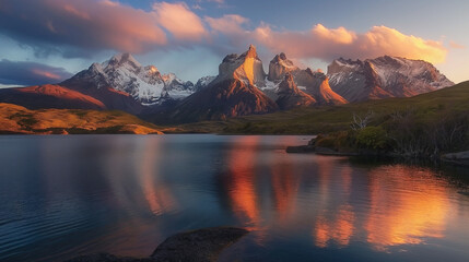 View of mountain peaks and lake in Patagonia Chile
