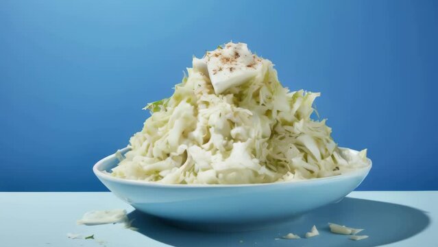 A white plate of coleslaw with a blue background