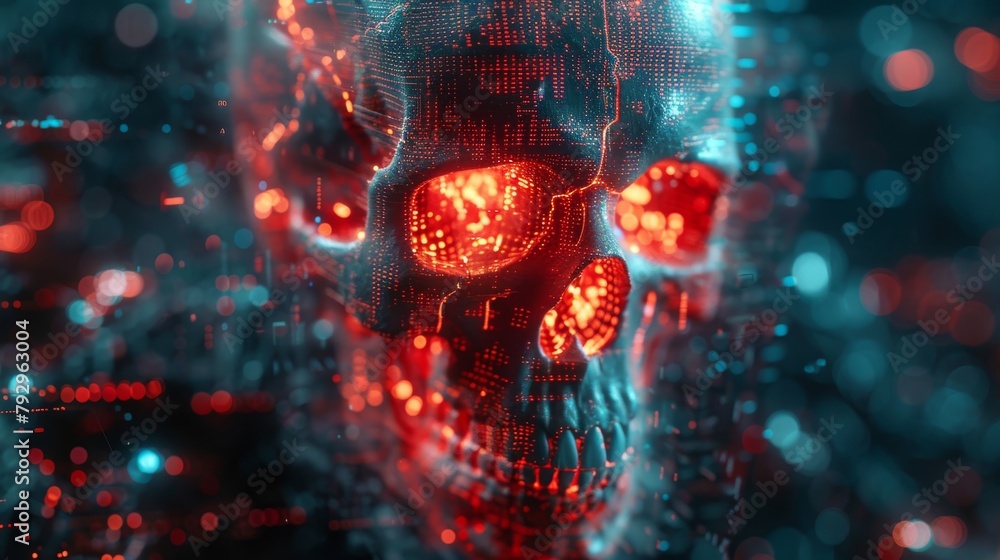 Aufkleber The skull depicts a cyber criminal or hacker, along with a programming script and neon element.