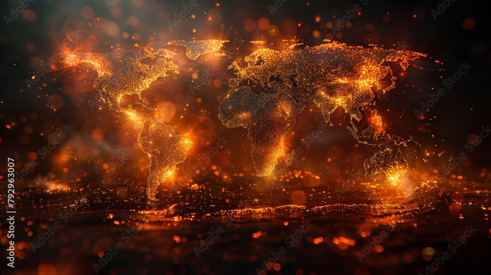 Poster Graph of world map with firework effect and element of digital transformation.