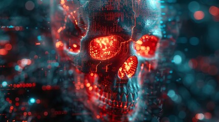 The skull depicts a cyber criminal or hacker, along with a programming script and neon element.