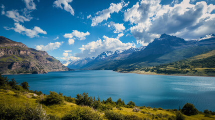 View of mountain peaks and lake in Patagonia Chile
